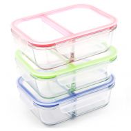 RENPHO [3-Pack, 36oz] Glass Meal Prep Containers 2 Compartment - Glass Bento Box Glass Compartment Food Containers with Airtight Lids Glass Lunch Containers - Microwave,Oven,Freeze