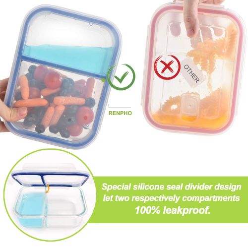  RENPHO [3-Pack, 36oz] Glass Meal Prep Containers 2 Compartment - Glass Bento Box Glass Compartment Food Containers with Airtight Lids Glass Lunch Containers - Microwave,Oven,Freeze