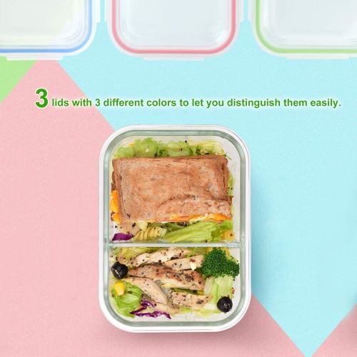  RENPHO [3-Pack, 36oz] Glass Meal Prep Containers 2 Compartment - Glass Bento Box Glass Compartment Food Containers with Airtight Lids Glass Lunch Containers - Microwave,Oven,Freeze