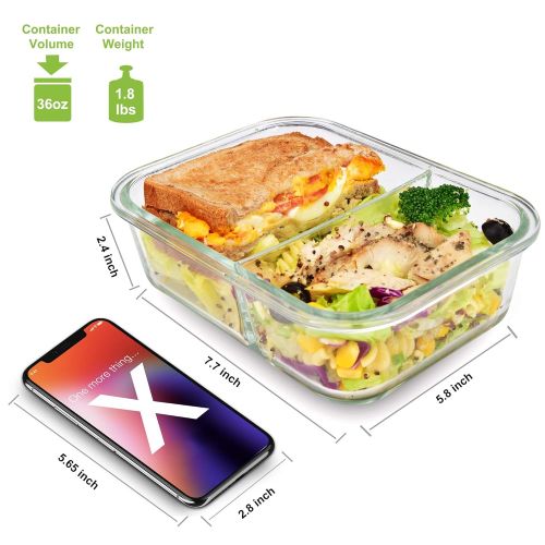  RENPHO [3-Pack, 36oz] Glass Meal Prep Containers 2 Compartment - Glass Bento Box Glass Compartment Food Containers with Airtight Lids Glass Lunch Containers - Microwave,Oven,Freeze