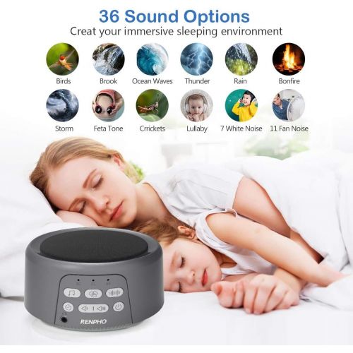  White Noise Machine, Sleep Sound Machine for Baby Kid Adult, RENPHO 36 HiFi Non-Looping Soothing Sound Sleep Therapy for Home Nursery Office Travel, 3 Auto-Off Timer & Memory Funct