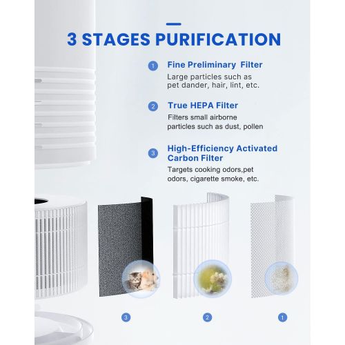  RENPHO Air Purifier for Home Bedroom Pets Hair, True HEPA Air Filter cleaner, Eliminate Dander Smoke Pollen Dust Airborne with 3-Stage Filtration System, Desktop, Table Top, Small