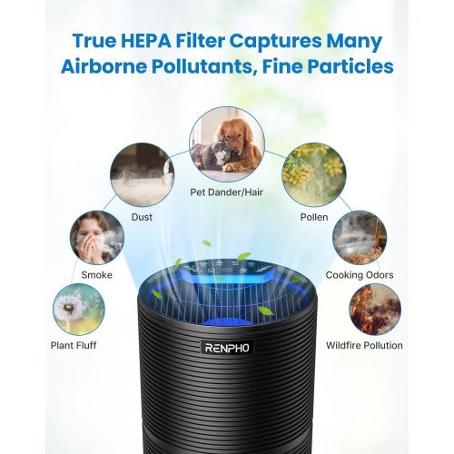  RENPHO HEPA Air Purifiers for Bedroom Up to 480 Ft², True HEPA Air Cleaner Filter, Intercepts Dust Smoke Pet Hair Dander Pollen Eliminators, Quiet 26dB 5-Stage Filtration System, R