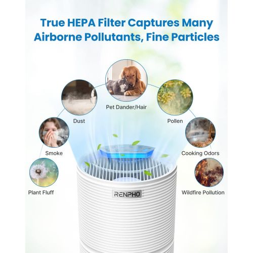  RENPHO HEPA Air Purifiers for Bedroom Up to 480 Ft², True HEPA Air Cleaner Filter, Intercepts Dust Smoke Pet Hair Dander Pollen Eliminators, Quiet 26dB 5-Stage Filtration System, R