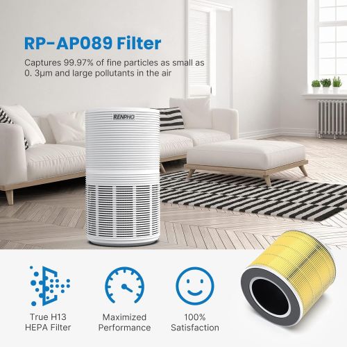  RENPHO True HEPA Replacement Filter for RP-AP089W/RP-AP089B, 5-Stage Filtration System, Air Quality Monitor, Smart Auto Mode, Especially for Pet Hairs, RP-AP089-F1-2, 2 Pack