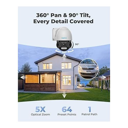  REOLINK 4K PTZ Outdoor Camera, PoE IP Home Security Surveillance, 5X Optical Zoom Auto Tracking, Spotlights Color Night Vision, Two Way Talk, Up to 256GB microSD Card (Not Included), RLC-823A