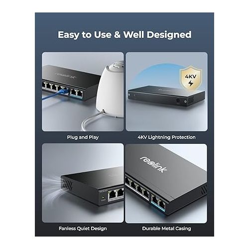  Reolink PoE Switch with 8 PoE Ports, 2 Gigabit Uplink Ports, 120W for All PoE Ports, Ideal for Reolink RLN36 NVR and Reolink PoE IP Cameras, IEEE802.3af/at, Metal Casing, Desktop/Wall Mount, RLA-PS1