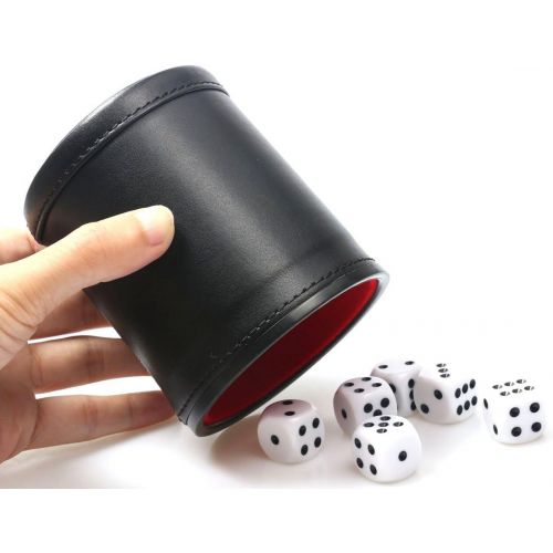  [아마존베스트]RERIVER Felt Lined Pu Leather Dice Cup Set with 6 Dot Dices (Black, Pack of 1)