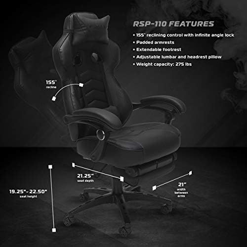  RESPAWN 110 Racing Style Gaming Chair, Reclining Ergonomic Chair with Footrest, in Black (RSP-110-BLK)