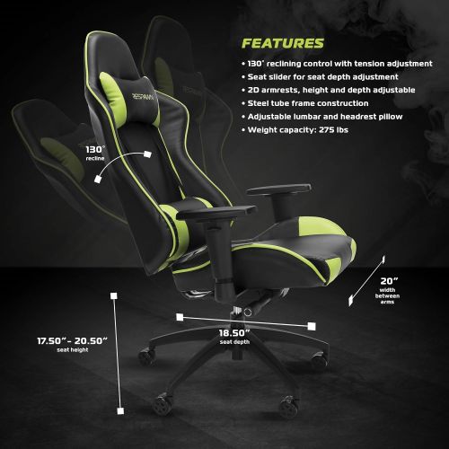  RESPAWN-105 Racing Style Gaming Chair - Reclining Ergonomic Leather Chair, Office or Gaming Chair (RSP-105-GRN)