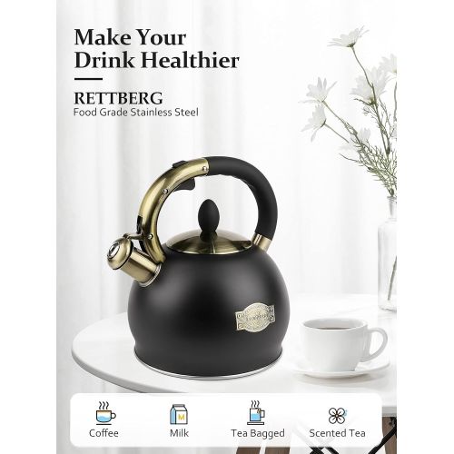  RETTBERG Tea Kettle for Stovetop Whistling Tea Kettles Retro Black Stainless Steel Teapots, 2.64 Quart (Black)