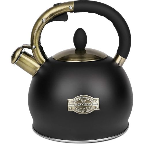  RETTBERG Tea Kettle for Stovetop Whistling Tea Kettles Retro Black Stainless Steel Teapots, 2.64 Quart (Black)