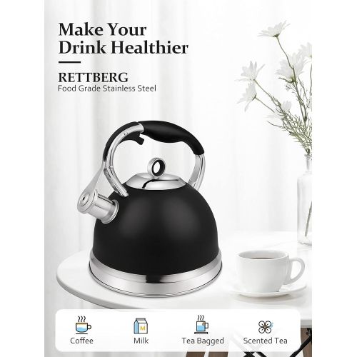  RETTBERG Tea Kettle for Stove Top with Metal Teapots Spout, Whistling Tea Kettles Loud Whistling 2.4-Quart (Black)