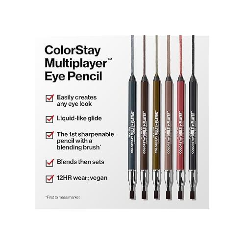  REVLON ColorStay Multiplayer Liquid-Glide Eye Pencil, Multi-Use Eye Makeup With Blending Brush, Blends Then Sets, Creamy Texture, Waterproof, Smudge-proof, Longwearing, 401 Checkmate, 0.03 oz