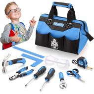 REXBETI 10-Piece Kids Tool Set with Real Hand Tools, Blue Durable Storage Bag, Children Learning Tool Kit for Home DIY and Woodworking