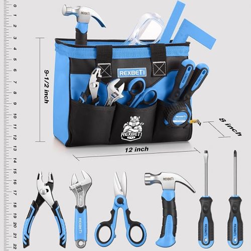  REXBETI 10-Piece Kids Tool Set with Real Hand Tools, Blue Durable Storage Bag, Children Learning Tool Kit for Home DIY and Woodworking