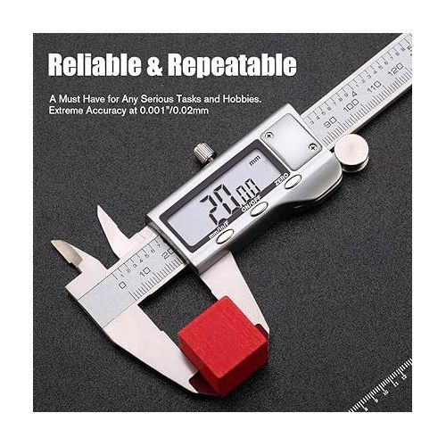  REXBETI Digital Caliper 6 Inch Measuring Tool Stainless Steel Inch/MM/Fractions, Electronic Vernier Calipers Gauge for Woodworking Jewelry, Polished Silver