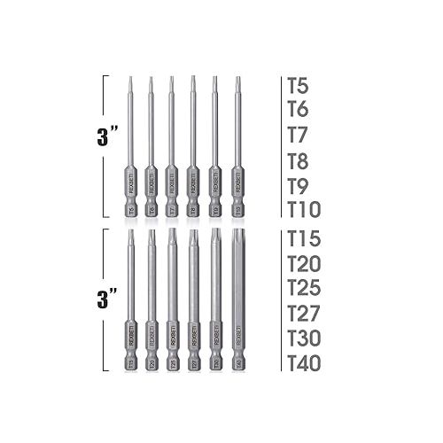  REXBETI 12 Piece Torx Head Screwdriver Bit Set, 1/4 Inch Hex Shank S2 Steel Magnetic 3 Inch Long Drill Bits, T5-T40 (Torx Head)