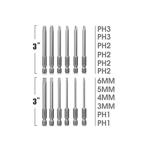  REXBETI 12 Piece Slotted Phillips Screwdriver Bit Set, 1/4 Inch Hex Shank S2 Steel Magnetic 3 Inch Long Drill Bits (Slotted Set)