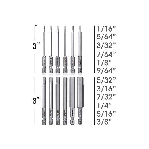  REXBETI 12 Piece Hex Head Allen Wrench Screwdriver Bit Set, 1/4 Inch Hex Shank S2 Steel Magnetic 3 Inch Long Drill Bits, 1/16-3/8 Inch(Hex Head)