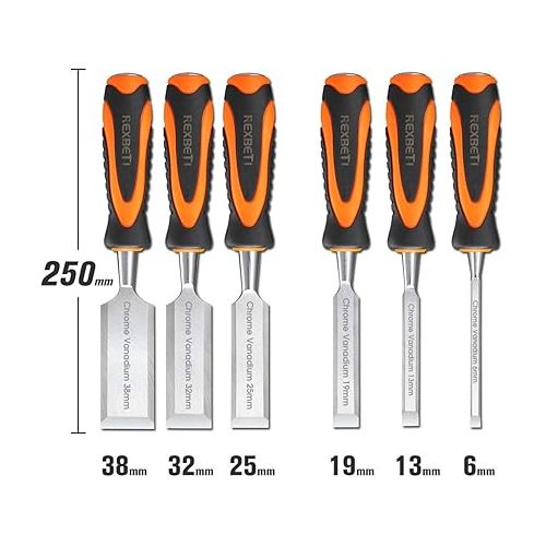  REXBETI 10pcs Premium Wood Chisel Set, 6pcs Wood Chisel with 1 Honing Guide, 1 Sharpening Stone and 2 Carpenter Pencils, Heat-Treated Cr-V Alloy Blades