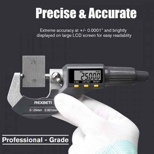  Digital Micrometer, Professional Inch/Metric Thickness Measuring Tools 0.00005/0.001 mm Resolution Thickness Gauge, Protective Case with Extra Battery