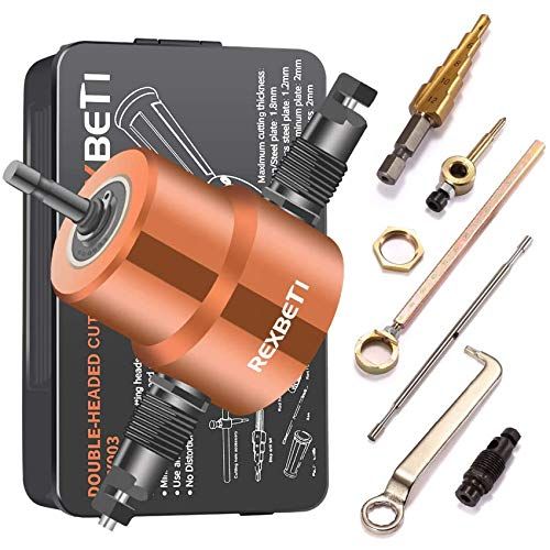  Double Headed Sheet Metal Nibbler, REXBETI Drill Attachment Metal Cutter with Extra Punch and Die, 1 Cutting Hole Accessory and 1 Step Drill Bit, Perfect for Straight Curve and Cir