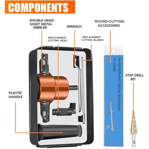  [아마존베스트]Double Headed Sheet Metal Nibbler, REXBETI Drill Attachment Metal Cutter with Extra Punch and Die, 1 Cutting Hole Accessory and 1 Step Drill Bit, Perfect for Straight Curve and Cir