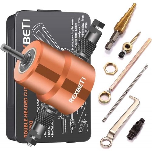  [아마존베스트]Double Headed Sheet Metal Nibbler, REXBETI Drill Attachment Metal Cutter with Extra Punch and Die, 1 Cutting Hole Accessory and 1 Step Drill Bit, Perfect for Straight Curve and Cir