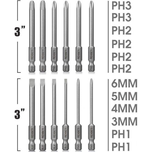  REXBETI Slotted Phillips Screwdriver Bit Set, 1/4 Inch Hex Shank S2 Steel Magnetic 3 Inch Long Drill Bits, 12 Piece