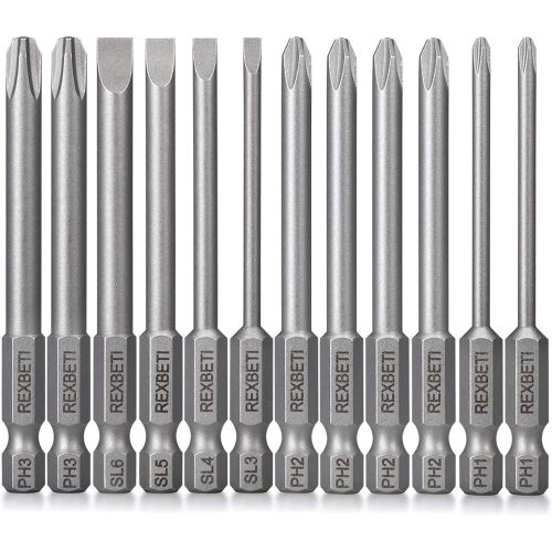  REXBETI Slotted Phillips Screwdriver Bit Set, 1/4 Inch Hex Shank S2 Steel Magnetic 3 Inch Long Drill Bits, 12 Piece