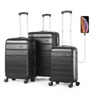 REYLEO Luggage Sets 3 Piece Hard Shell Luggage Set with USB Port TSA Lock Spinner Wheels 20 Inch 24 Inch 28 Inch, LUG282420A