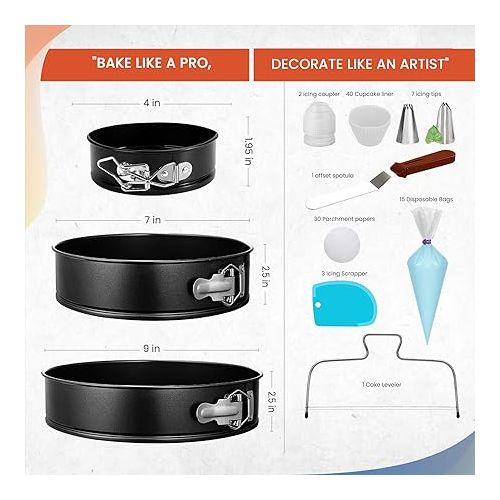  RFAQK 100PCs Cake Pan Sets for Baking + Cake Decorating Kit: 3 Non-Stick Springform Pans Set (4, 7, 9 inches), Piping Tips, Cake Leveler - Multi-functional Leak-Proof CheeseCake Pan & eBook