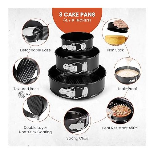  RFAQK 100PCs Cake Pan Sets for Baking + Cake Decorating Kit: 3 Non-Stick Springform Pans Set (4, 7, 9 inches), Piping Tips, Cake Leveler - Multi-functional Leak-Proof CheeseCake Pan & eBook