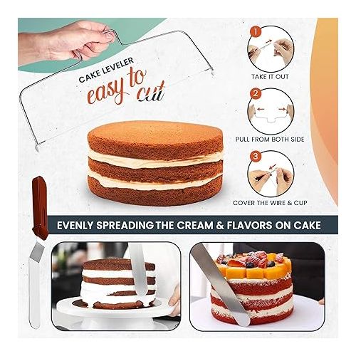  RFAQK 100PCs Cake Pan Sets for Baking + Cake Decorating Kit: 3 Non-Stick Springform Pans Set (4, 7, 9 inches), Piping Tips, Cake Leveler - Multi-functional Leak-Proof CheeseCake Pan & eBook