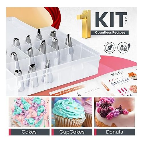  RFAQK 100PCs Icing Piping Bags and Tips Set, 12 Inch Pastry Bags with Piping Tips 48-Numbered+ Video Course + Booklet + E-book, Cake Decorating Kit for Cookie Cupcake Cake Decoration