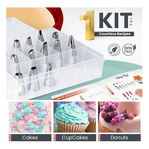  RFAQK 74 PCs Icing Piping Bags and Tips Set, Cake Decorating Kit with 48-Numbered Piping Tips, 20+1 Pastry Bags for Cookie Cupcake Cake Decoration, Cake Decorating Tips Set with Booklet and E-book