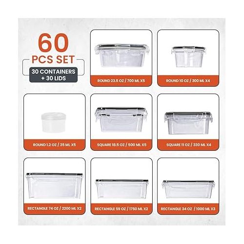 RFAQK Food Storage Containers with Lids Airtight-30 Large Food Containers with 30 Lids-75 OZ to 1.2 OZ-Clear Plastic Meal Prep Box-Microwave and Dishwasher Safe with Labels and Marker (60 Pcs)
