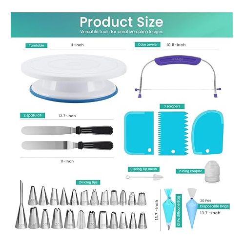  RFAQK 64 PCs Cake Decorating Kit for Beginners Includes Video Course, Booklet + Baking Supplies Gift - Cake Stand, Leveler, 24 Numbered Piping Tips, Straight & Offset Spatula, & Scraper sets