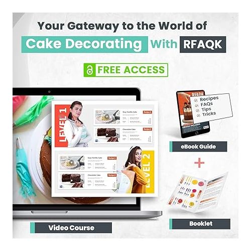  RFAQK 64 PCs Cake Decorating Kit for Beginners Includes Video Course, Booklet + Baking Supplies Gift - Cake Stand, Leveler, 24 Numbered Piping Tips, Straight & Offset Spatula, & Scraper sets