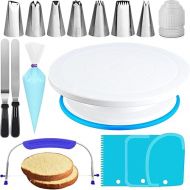 RFAQK 35PCs Cake Turntable and Leveler-Rotating Cake Stand with Non Slip pad-7 Icing Tips and 20 Bags- Straight & Offset Spatula-3 Scraper Set -EBook-Cake Decorating Supplies Kit -Baking Tools