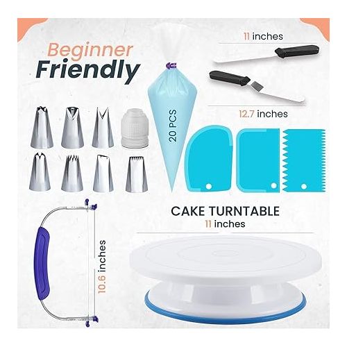  RFAQK 35PCs Cake Turntable and Leveler-Rotating Cake Stand with Non Slip pad-7 Icing Tips and 20 Bags- Straight & Offset Spatula-3 Scraper Set -EBook-Cake Decorating Supplies Kit -Baking Tools