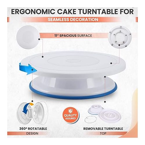  RFAQK 35PCs Cake Turntable and Leveler-Rotating Cake Stand with Non Slip pad-7 Icing Tips and 20 Bags- Straight & Offset Spatula-3 Scraper Set -EBook-Cake Decorating Supplies Kit -Baking Tools