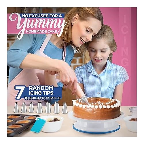  RFAQK 35PCs Cake Turntable and Leveler-Rotating Cake Stand with Non Slip pad-7 Icing Tips and 20 Bags- Straight & Offset Spatula-3 Scraper Set -EBook-Cake Decorating Supplies Kit -Baking Tools