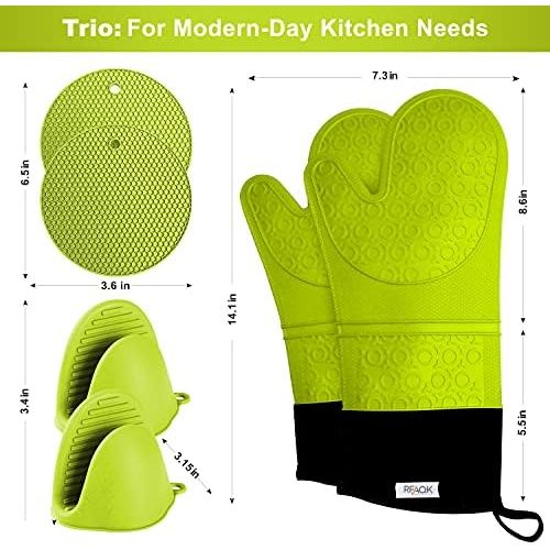  [아마존베스트]RFAQK Oven Mitts and Pot Holder- Extra Long Silicone Oven Mitt Heat Resistant with 2 trivets & Mini Pinch Oven Mitts-Food Safe Baking Gloves for Cooking in Kitchen with Soft Inner Lining