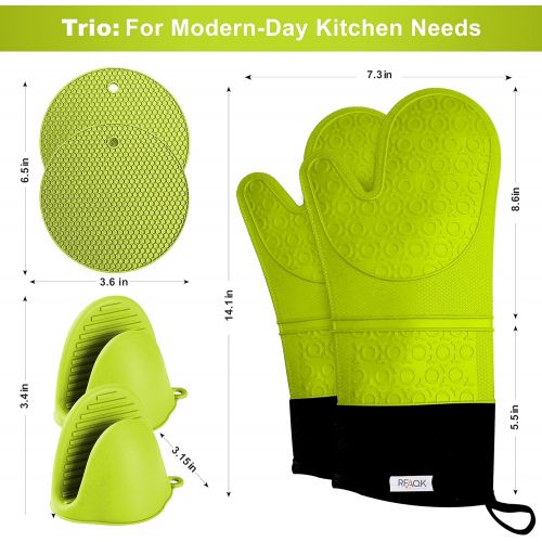  [아마존베스트]RFAQK Oven Mitts and Pot Holder- Extra Long Silicone Oven Mitt Heat Resistant with 2 trivets & Mini Pinch Oven Mitts-Food Safe Baking Gloves for Cooking in Kitchen with Soft Inner Lining