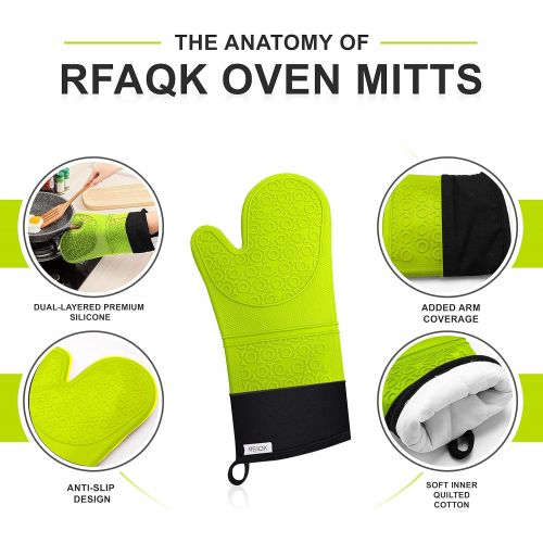  [아마존베스트]RFAQK Oven Mitts and Pot Holder- Extra Long Silicone Oven Mitt Heat Resistant with 2 trivets & Mini Pinch Oven Mitts-Food Safe Baking Gloves for Cooking in Kitchen with Soft Inner Lining