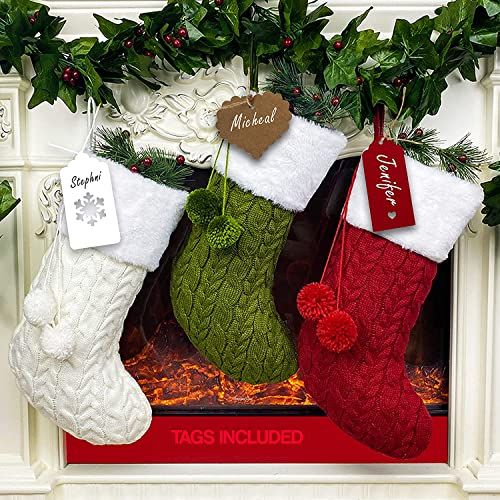  RFAQK Personalized Christmas Stockings -Set of 3 with 50 Pcs Name Tags, Large Xmas Stockings for Christmas Decorations - Fireplace Hangings for Family Holiday Season, Farmhouse and