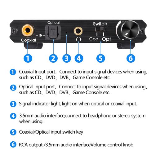  RGBTEK Optical/Coaxial Switch to Optical/Coaxial /3.5mm audio RCA R/L port,Digital to Analog Audio Converter,Support volume control,Compatible for Blu-ray Player, Satellite receiver,PS5/4