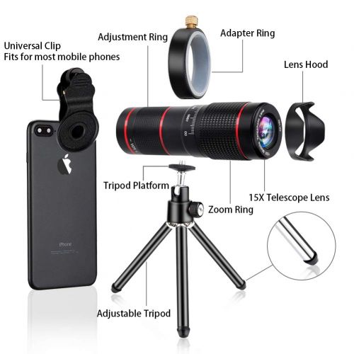  RGCTL Phone Camera Lens, Best Keiyi 15X iPhone Camera Telephoto Lens kit Double Regulation Lens Attachment with Tripod and Universal Clip Compatible with iPhone XXSXS MaxXR87 Plus S